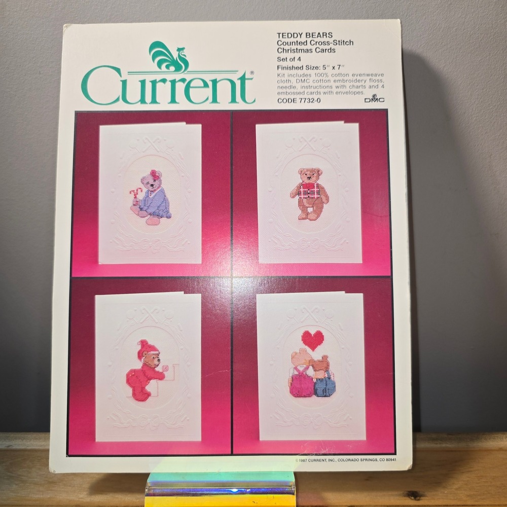 Vintage 1987 Current Teddy Bears Counted Cross Stitch Christmas Cards Kit 7732-0